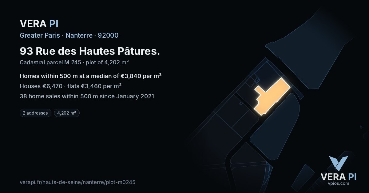 93 Rue des Hautes Pâtures, Nanterre at night – the plot lit, the parcels around coloured by the prices near them