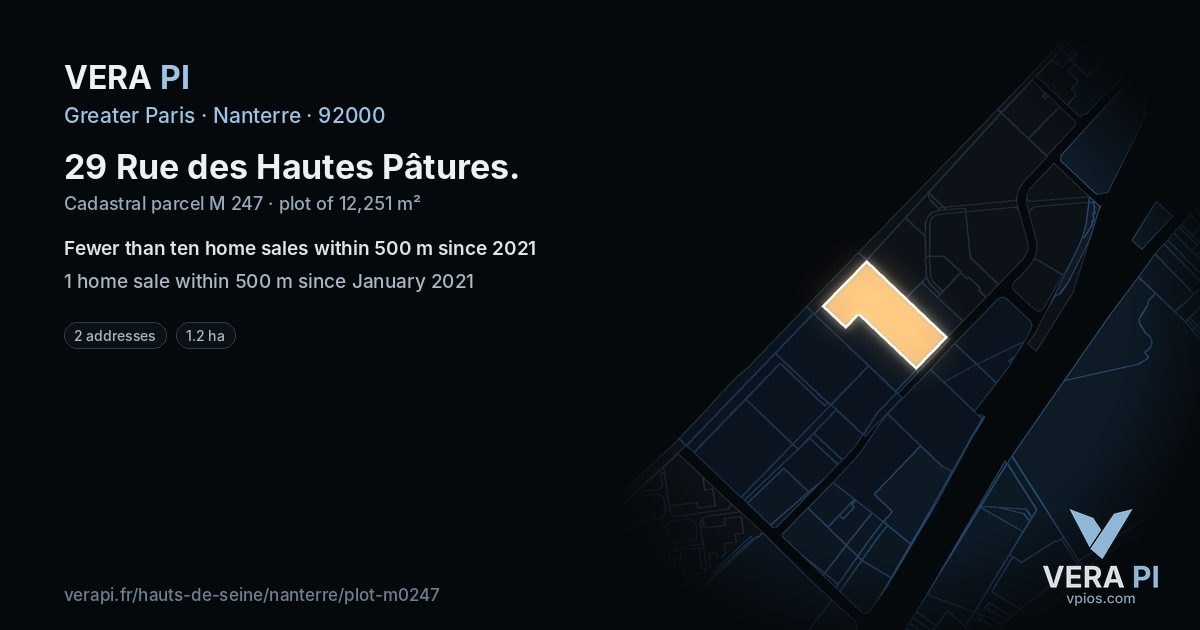 29 Rue des Hautes Pâtures, Nanterre at night – the plot lit, the parcels around coloured by the prices near them