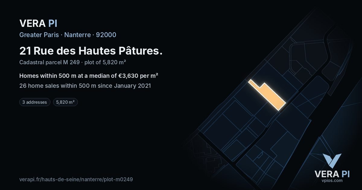 21 Rue des Hautes Pâtures, Nanterre at night – the plot lit, the parcels around coloured by the prices near them