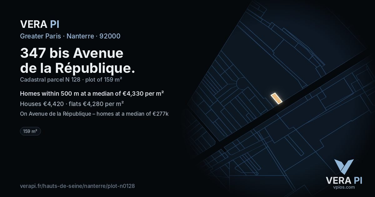 347 bis Avenue de la République, Nanterre at night – the plot lit, the parcels around coloured by the prices near them