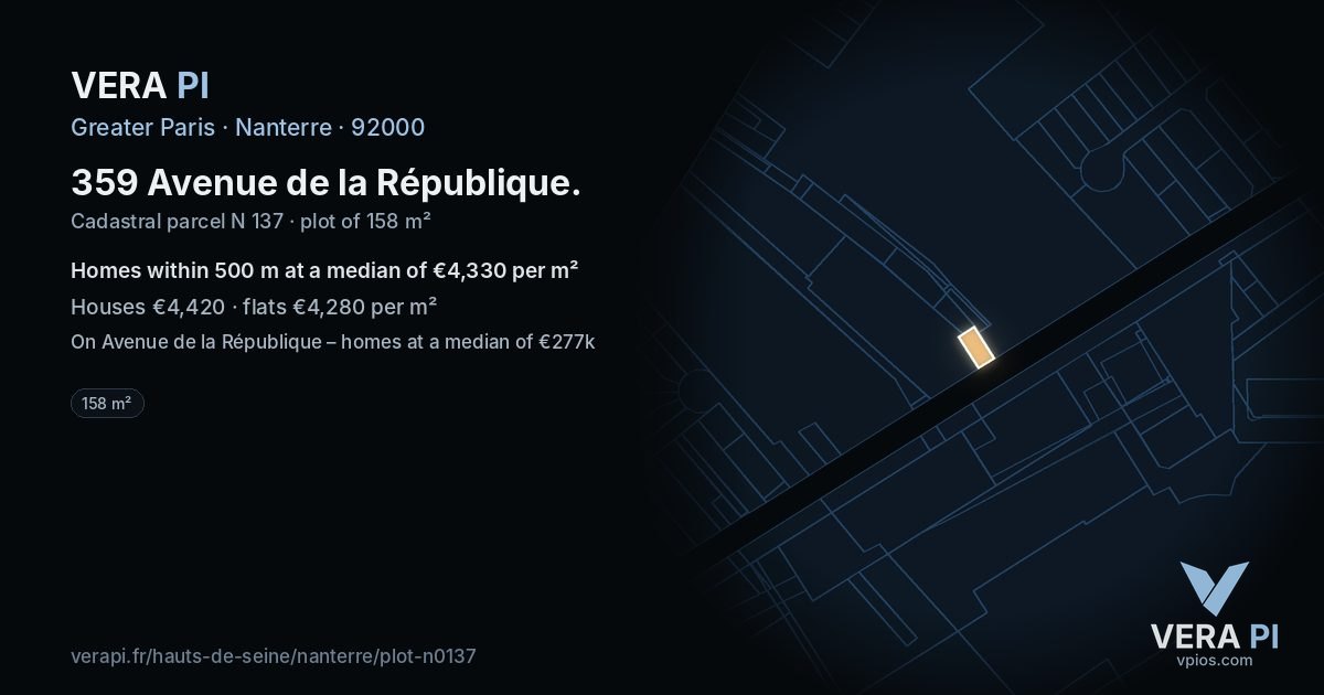 359 Avenue de la République, Nanterre at night – the plot lit, the parcels around coloured by the prices near them