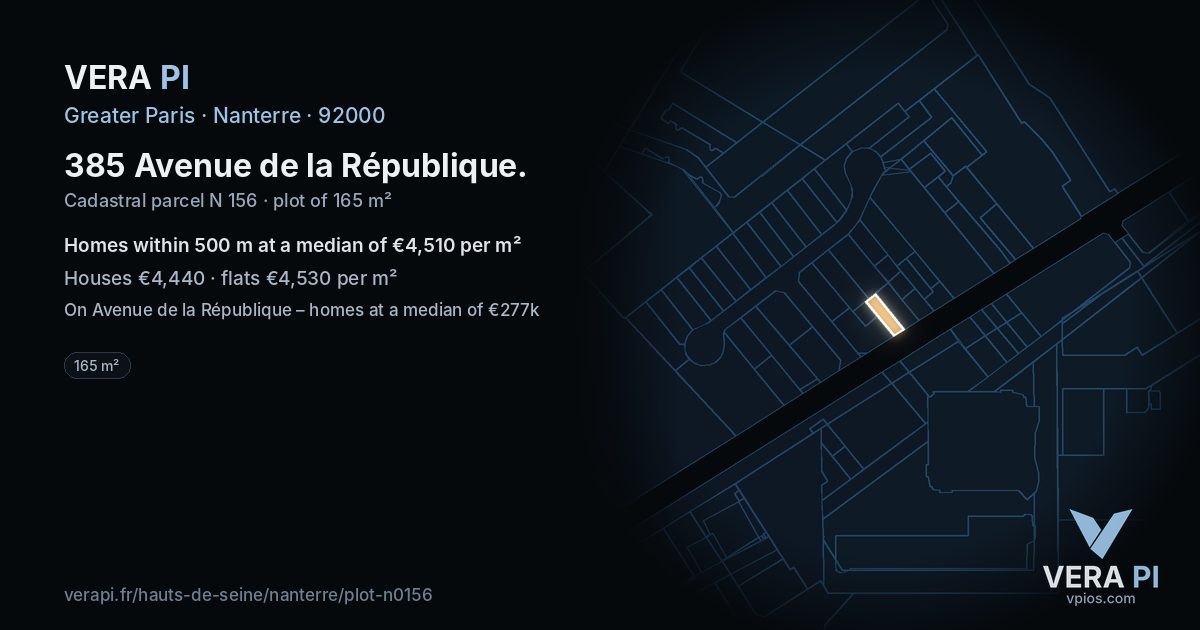 385 Avenue de la République, Nanterre at night – the plot lit, the parcels around coloured by the prices near them