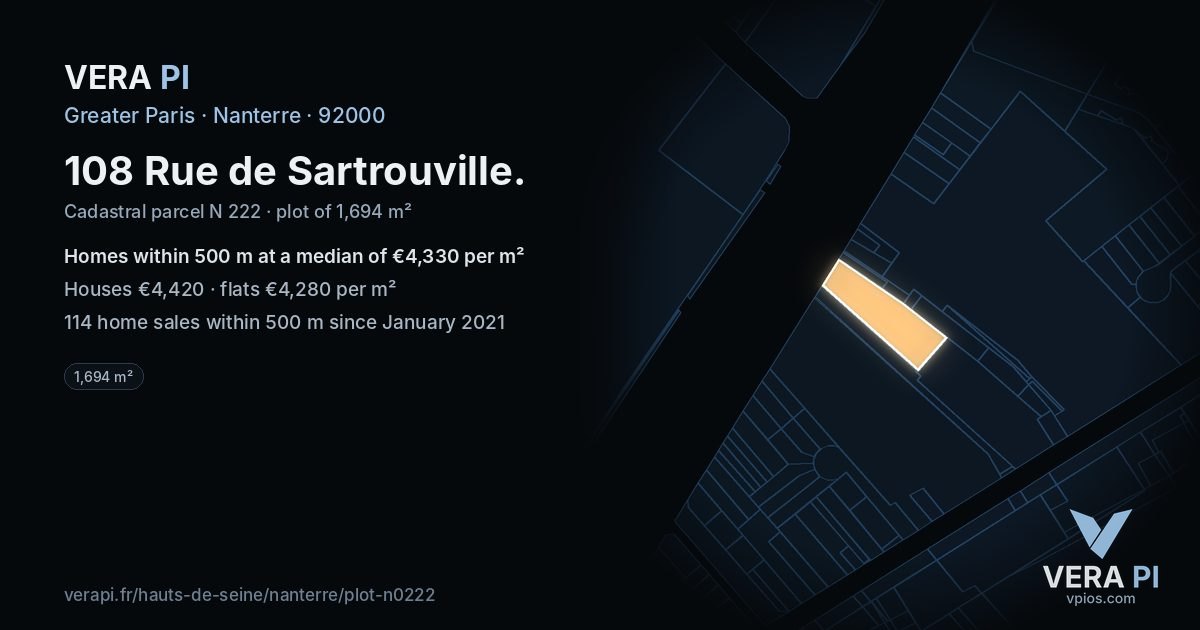 108 Rue de Sartrouville, Nanterre at night – the plot lit, the parcels around coloured by the prices near them