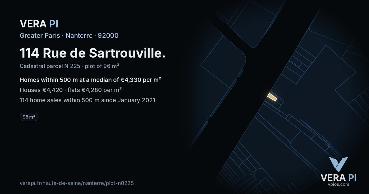 114 Rue de Sartrouville, Nanterre at night – the plot lit, the parcels around coloured by the prices near them
