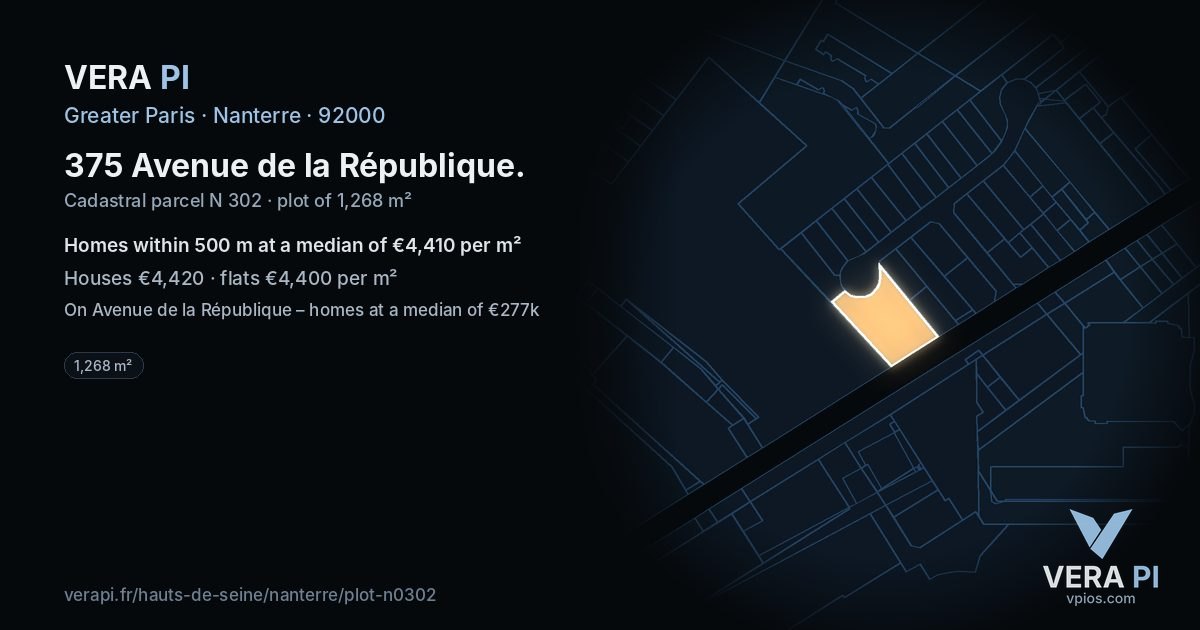375 Avenue de la République, Nanterre at night – the plot lit, the parcels around coloured by the prices near them