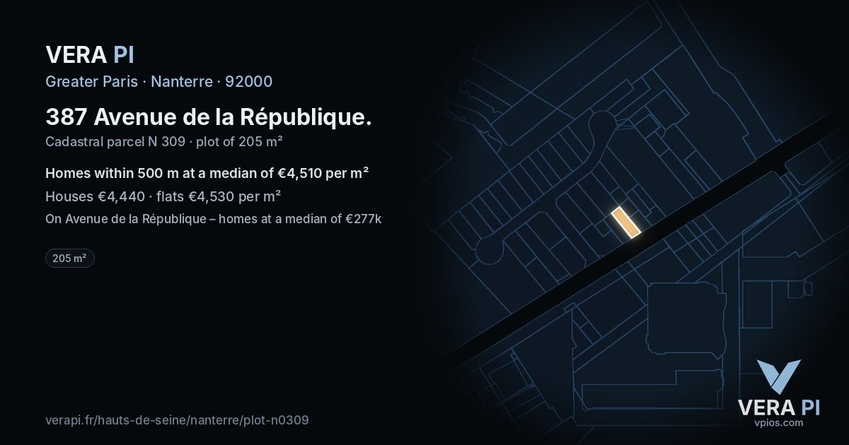 387 Avenue de la République, Nanterre at night – the plot lit, the parcels around coloured by the prices near them