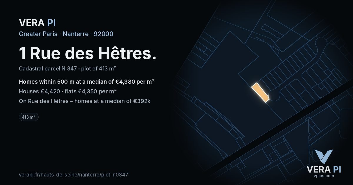 1 Rue des Hêtres, Nanterre at night – the plot lit, the parcels around coloured by the prices near them