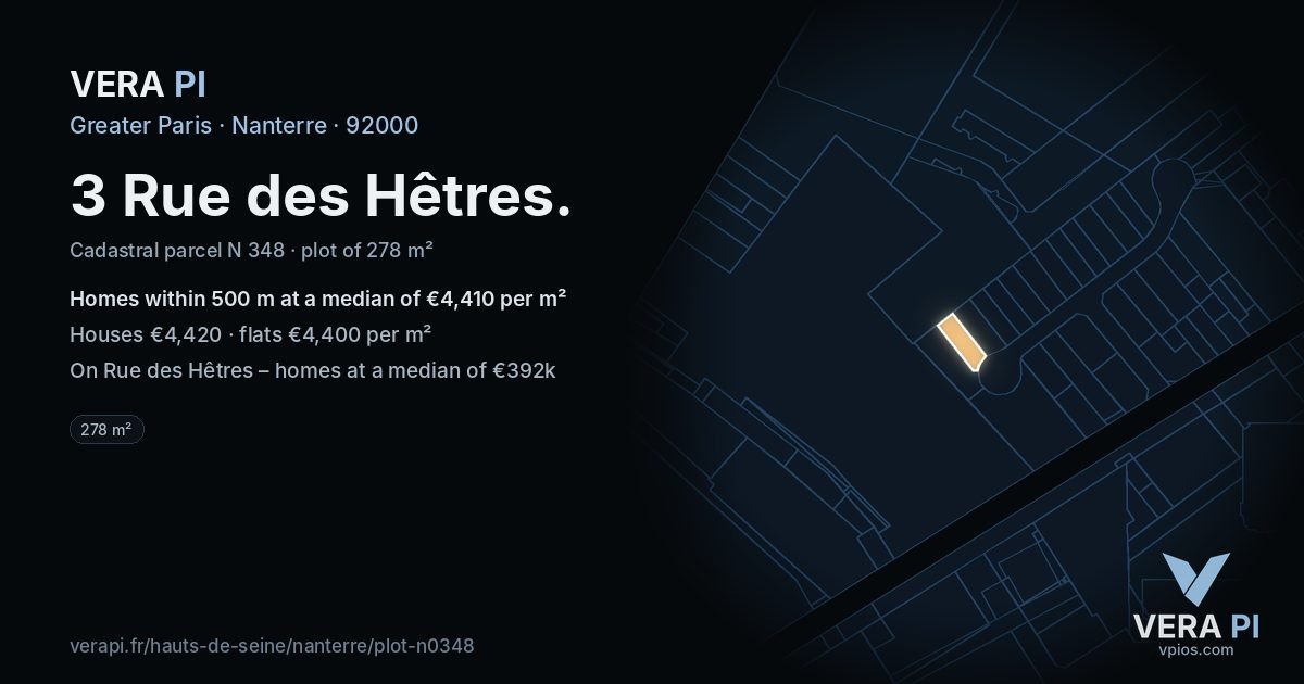 3 Rue des Hêtres, Nanterre at night – the plot lit, the parcels around coloured by the prices near them