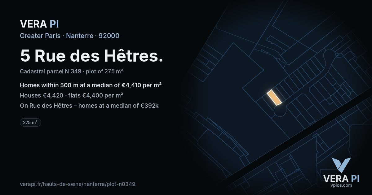 5 Rue des Hêtres, Nanterre at night – the plot lit, the parcels around coloured by the prices near them