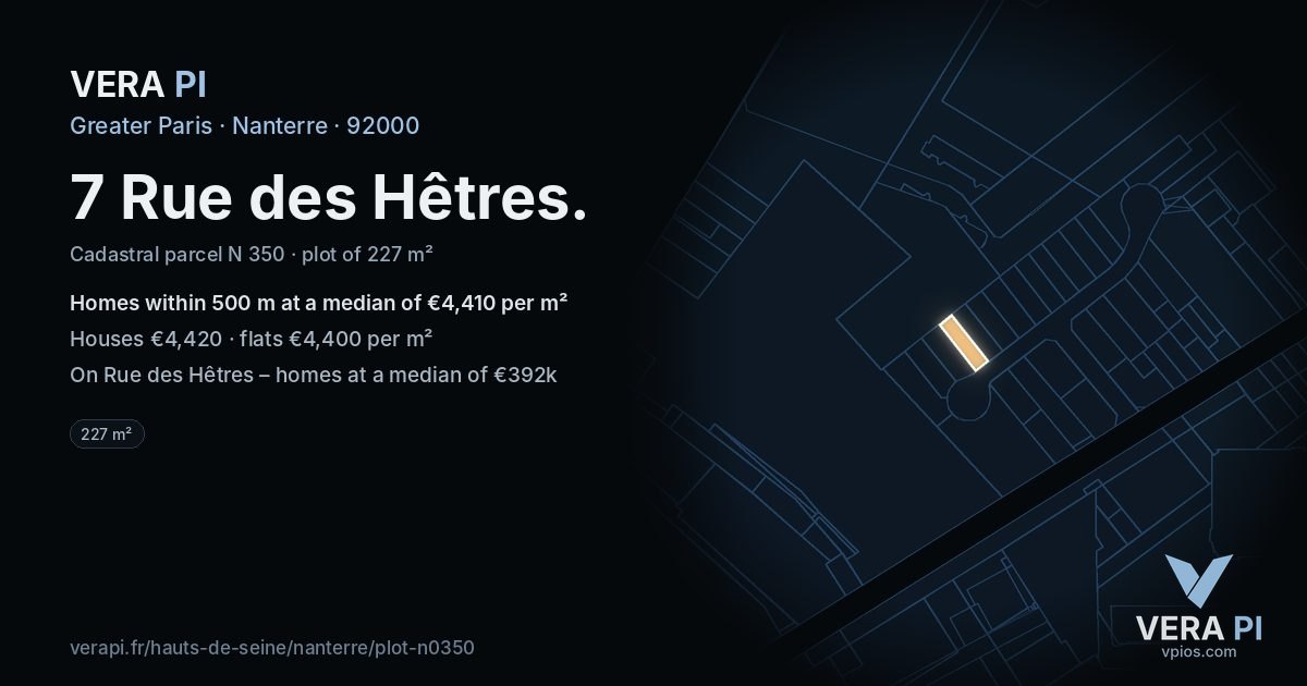 7 Rue des Hêtres, Nanterre at night – the plot lit, the parcels around coloured by the prices near them