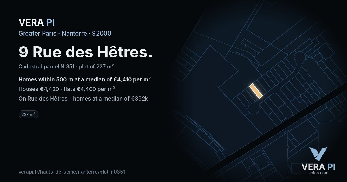 9 Rue des Hêtres, Nanterre at night – the plot lit, the parcels around coloured by the prices near them