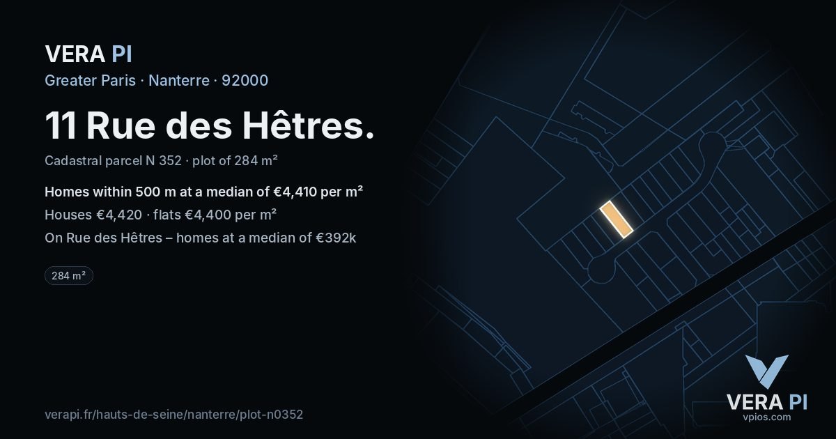 11 Rue des Hêtres, Nanterre at night – the plot lit, the parcels around coloured by the prices near them