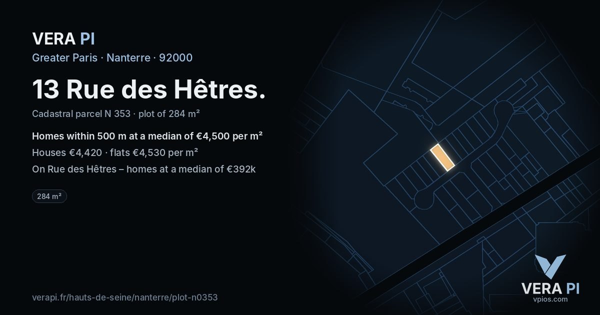13 Rue des Hêtres, Nanterre at night – the plot lit, the parcels around coloured by the prices near them