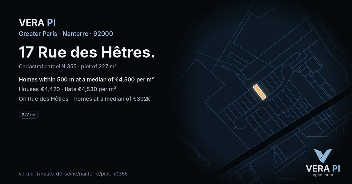 17 Rue des Hêtres, Nanterre at night – the plot lit, the parcels around coloured by the prices near them