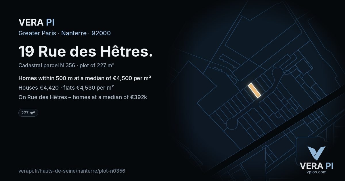 19 Rue des Hêtres, Nanterre at night – the plot lit, the parcels around coloured by the prices near them