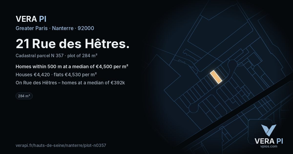 21 Rue des Hêtres, Nanterre at night – the plot lit, the parcels around coloured by the prices near them