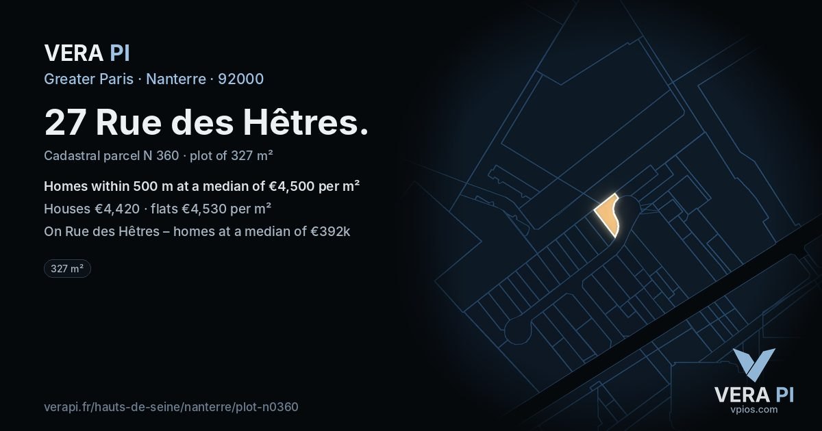 27 Rue des Hêtres, Nanterre at night – the plot lit, the parcels around coloured by the prices near them