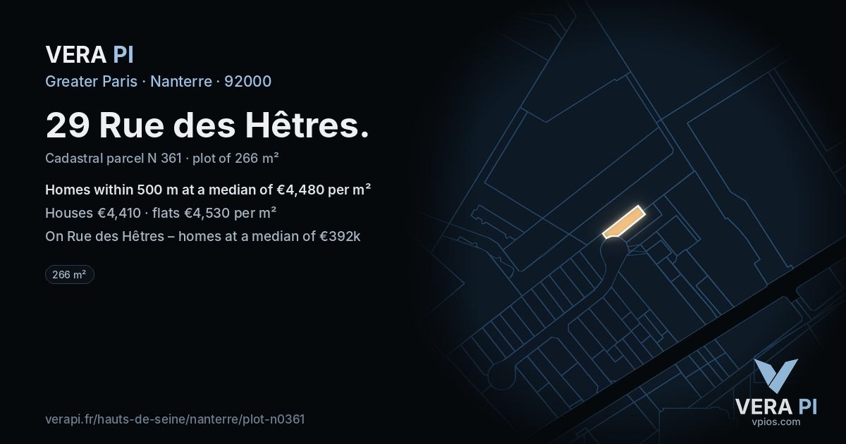 29 Rue des Hêtres, Nanterre at night – the plot lit, the parcels around coloured by the prices near them