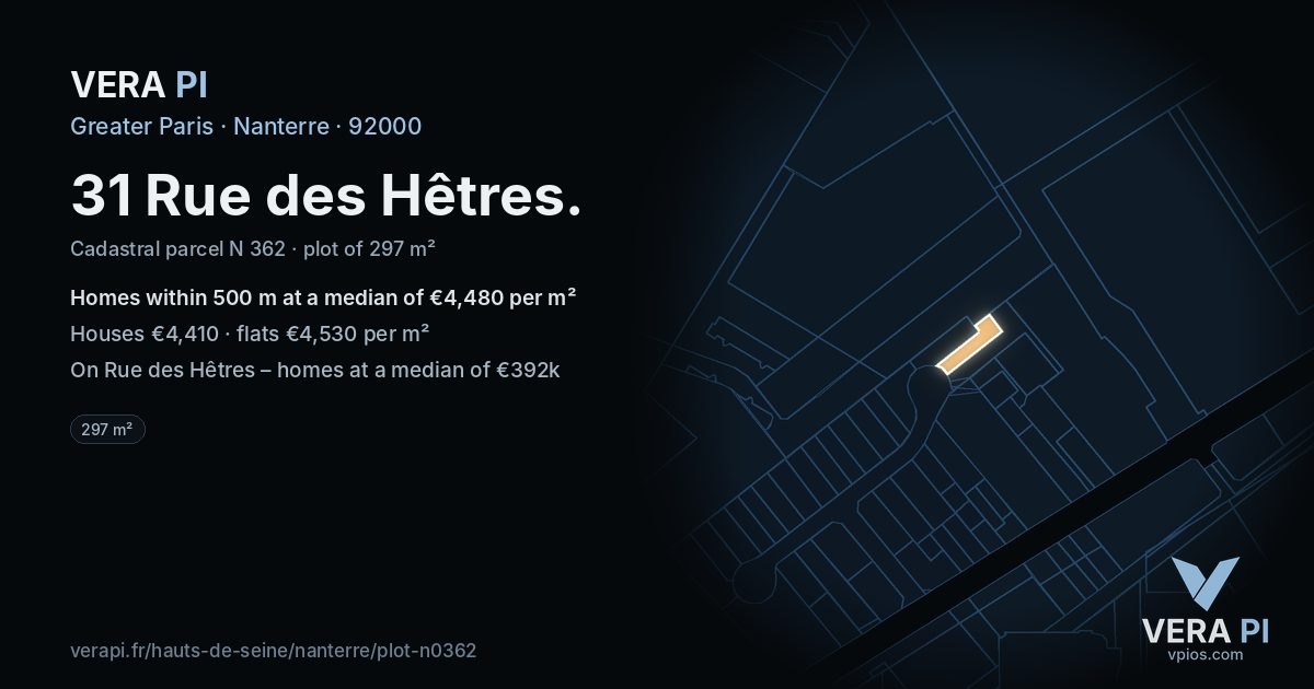 31 Rue des Hêtres, Nanterre at night – the plot lit, the parcels around coloured by the prices near them