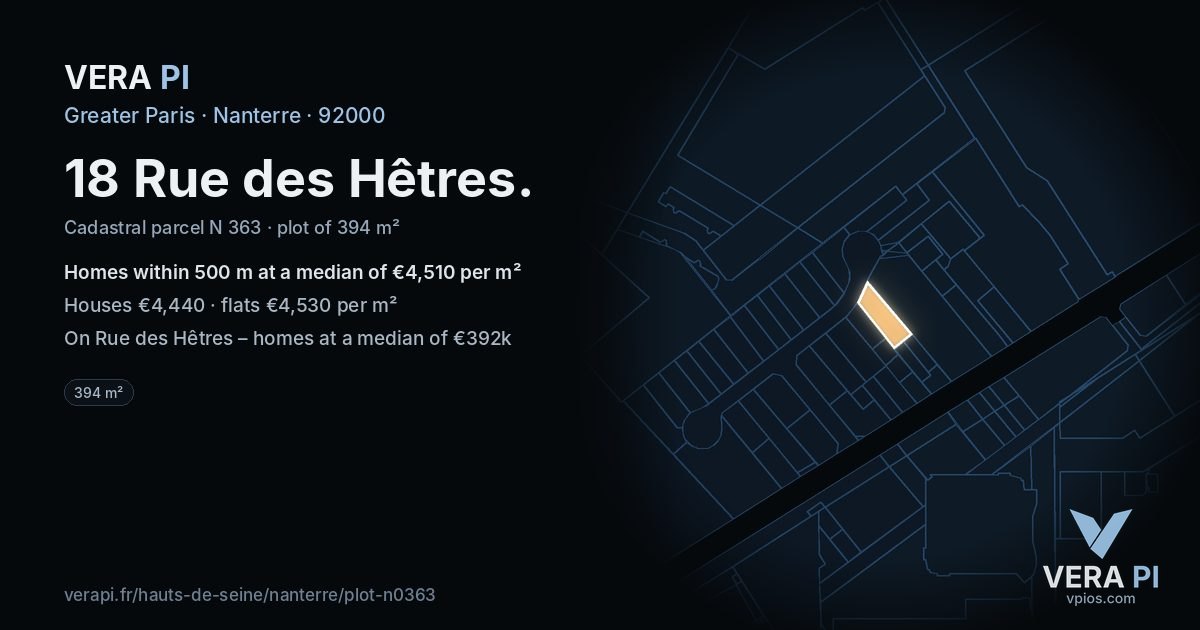 18 Rue des Hêtres, Nanterre at night – the plot lit, the parcels around coloured by the prices near them