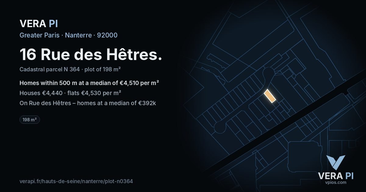 16 Rue des Hêtres, Nanterre at night – the plot lit, the parcels around coloured by the prices near them