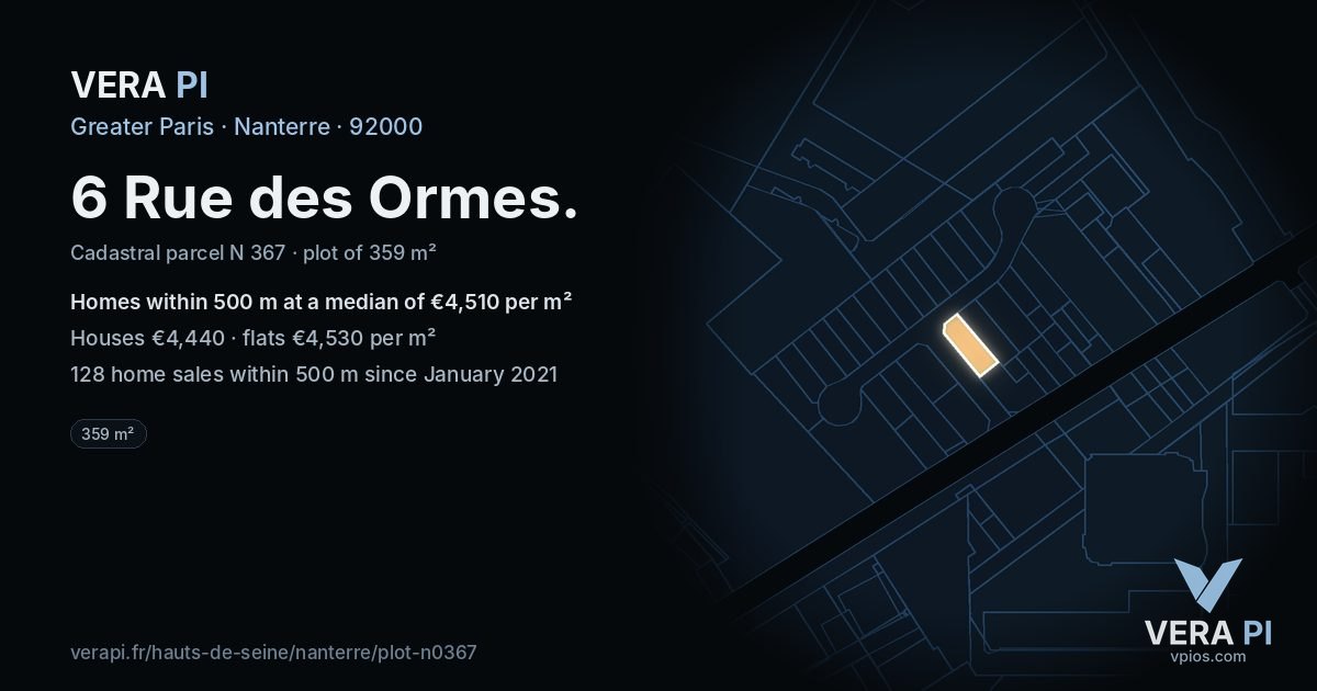 6 Rue des Ormes, Nanterre at night – the plot lit, the parcels around coloured by the prices near them