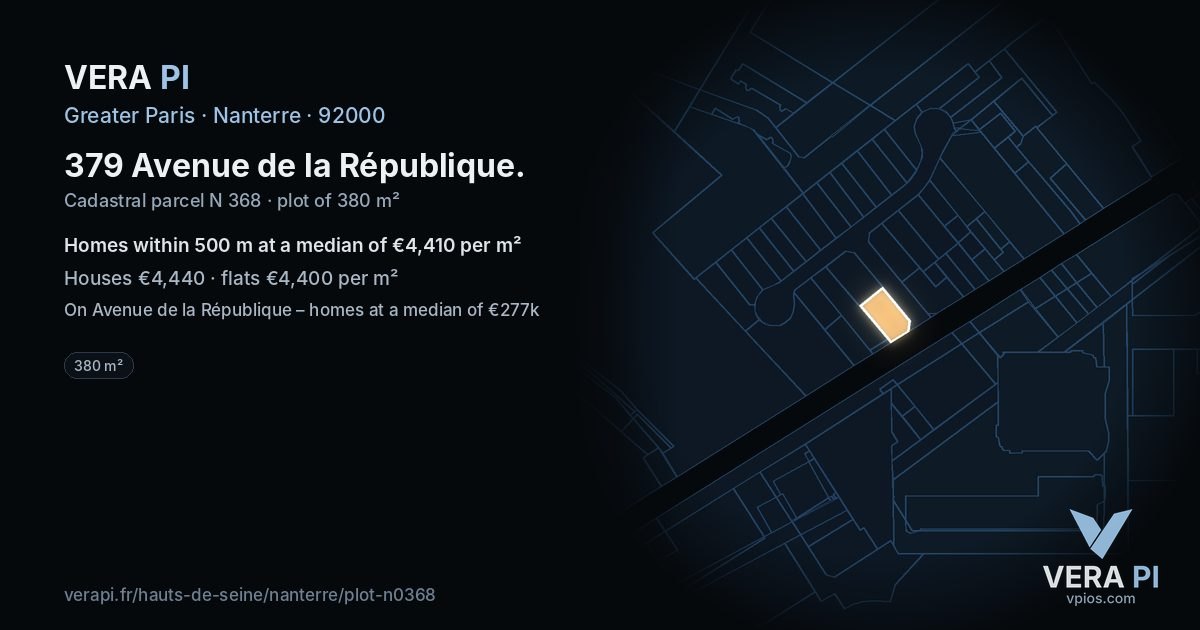 379 Avenue de la République, Nanterre at night – the plot lit, the parcels around coloured by the prices near them
