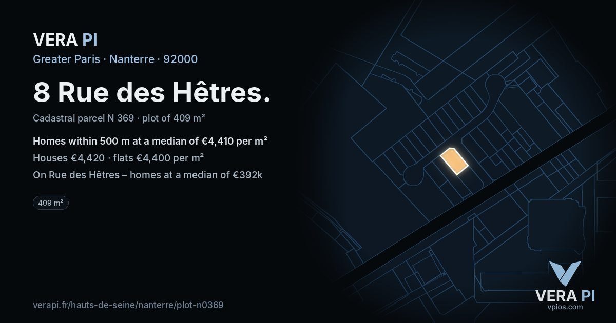 8 Rue des Hêtres, Nanterre at night – the plot lit, the parcels around coloured by the prices near them