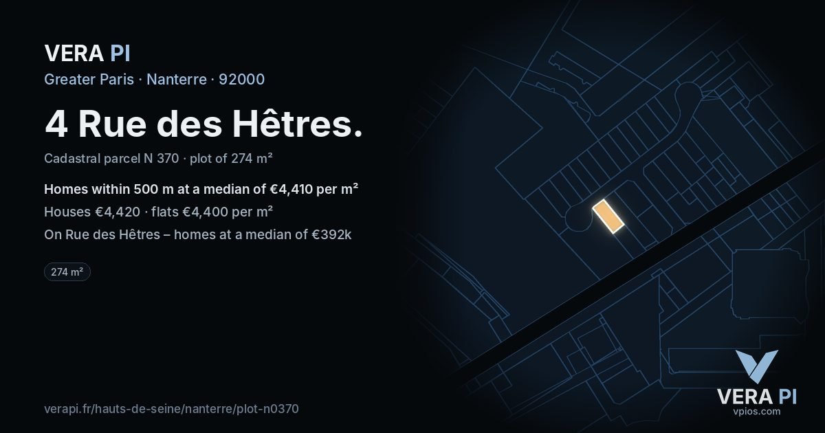 4 Rue des Hêtres, Nanterre at night – the plot lit, the parcels around coloured by the prices near them