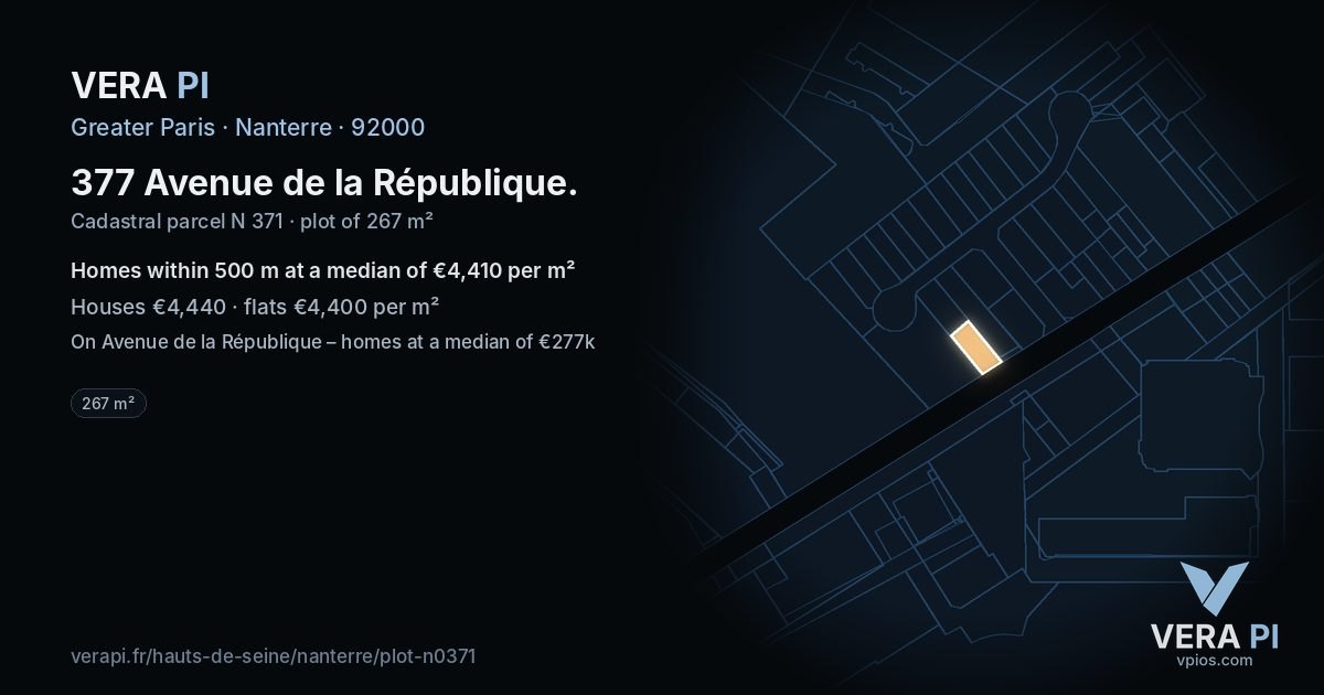 377 Avenue de la République, Nanterre at night – the plot lit, the parcels around coloured by the prices near them