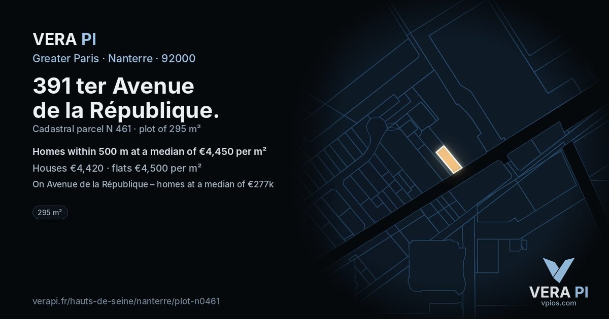 391 ter Avenue de la République, Nanterre at night – the plot lit, the parcels around coloured by the prices near them