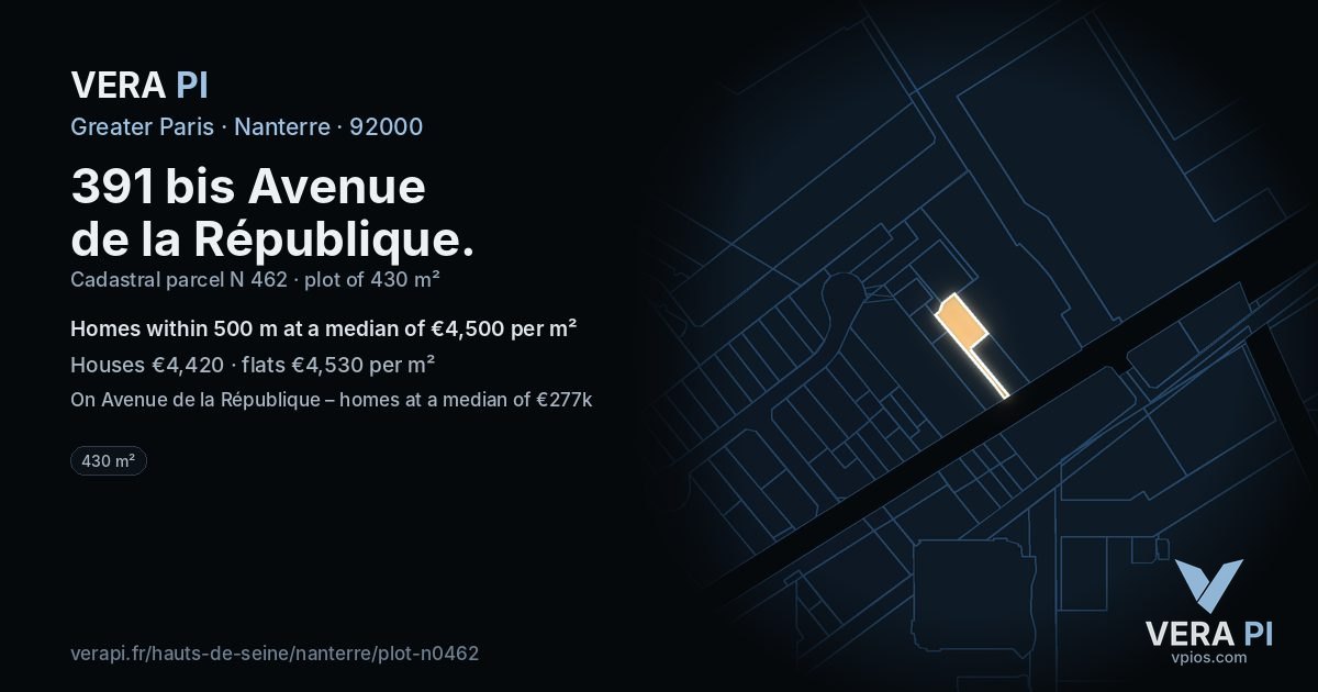 391 bis Avenue de la République, Nanterre at night – the plot lit, the parcels around coloured by the prices near them