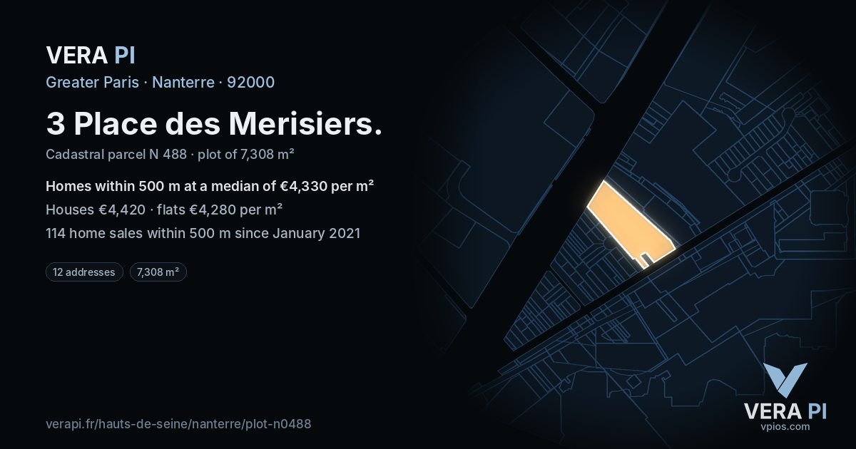 3 Place des Merisiers, Nanterre at night – the plot lit, the parcels around coloured by the prices near them