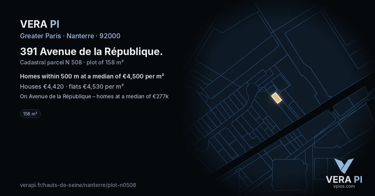391 Avenue de la République, Nanterre at night – the plot lit, the parcels around coloured by the prices near them