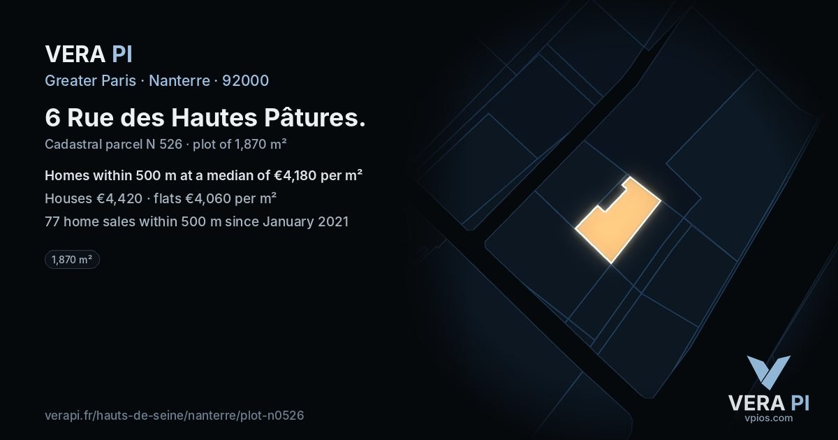 6 Rue des Hautes Pâtures, Nanterre at night – the plot lit, the parcels around coloured by the prices near them