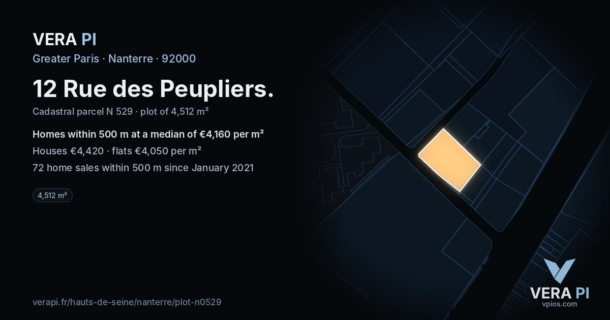 12 Rue des Peupliers, Nanterre at night – the plot lit, the parcels around coloured by the prices near them