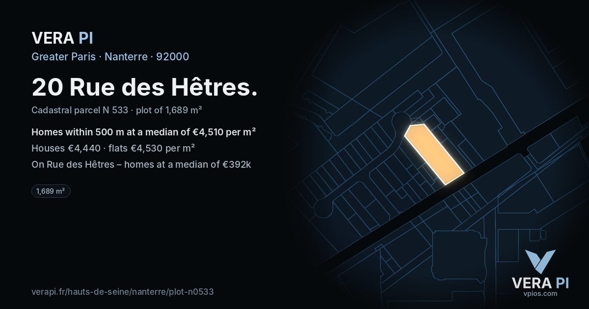 20 Rue des Hêtres, Nanterre at night – the plot lit, the parcels around coloured by the prices near them