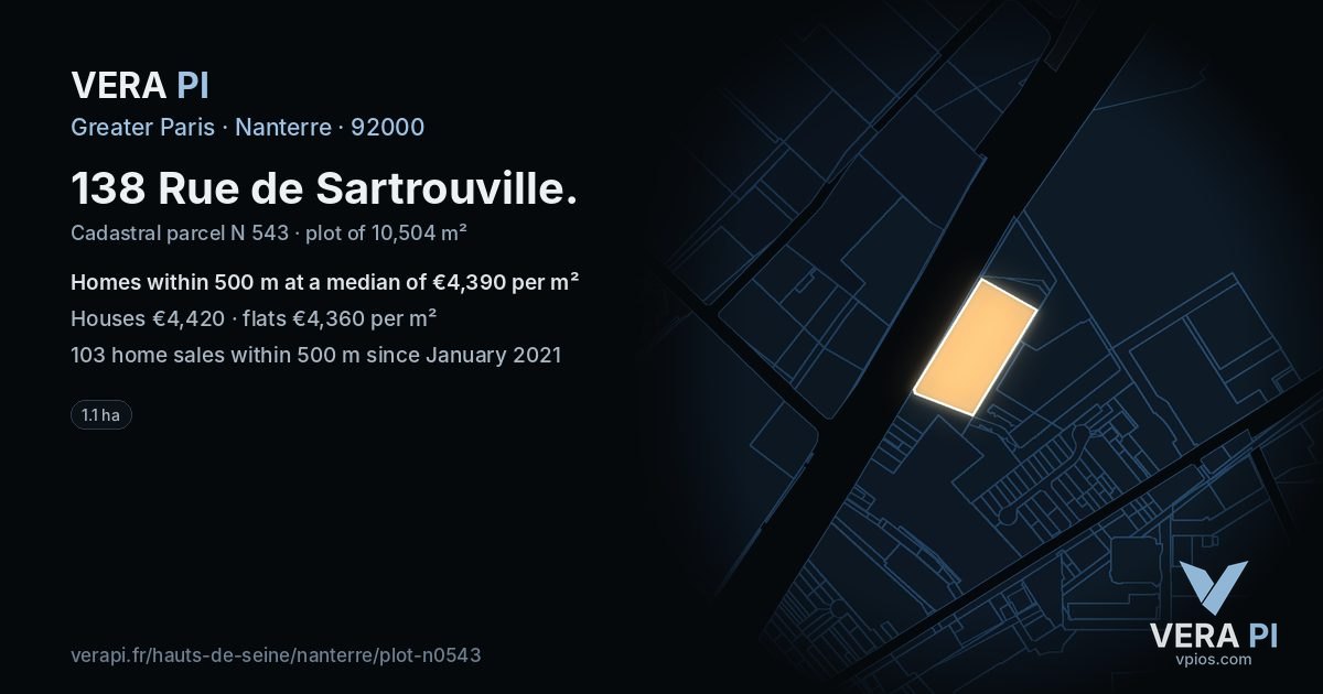 138 Rue de Sartrouville, Nanterre at night – the plot lit, the parcels around coloured by the prices near them