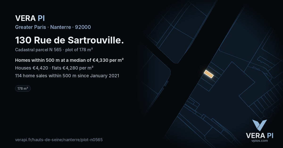 130 Rue de Sartrouville, Nanterre at night – the plot lit, the parcels around coloured by the prices near them