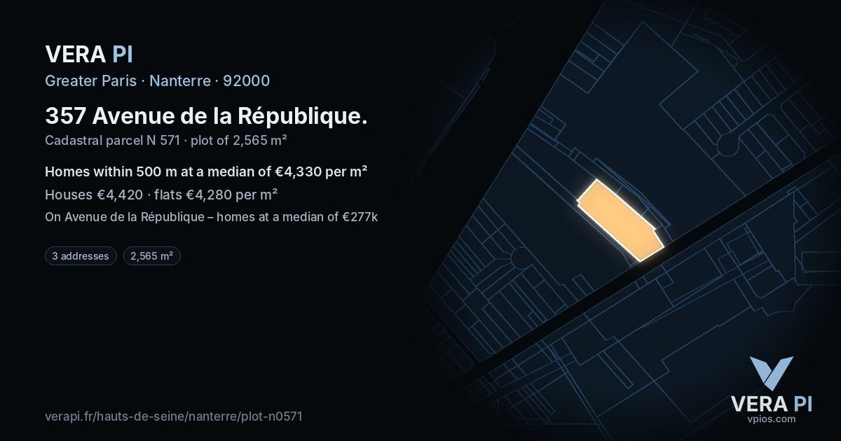 357 Avenue de la République, Nanterre at night – the plot lit, the parcels around coloured by the prices near them