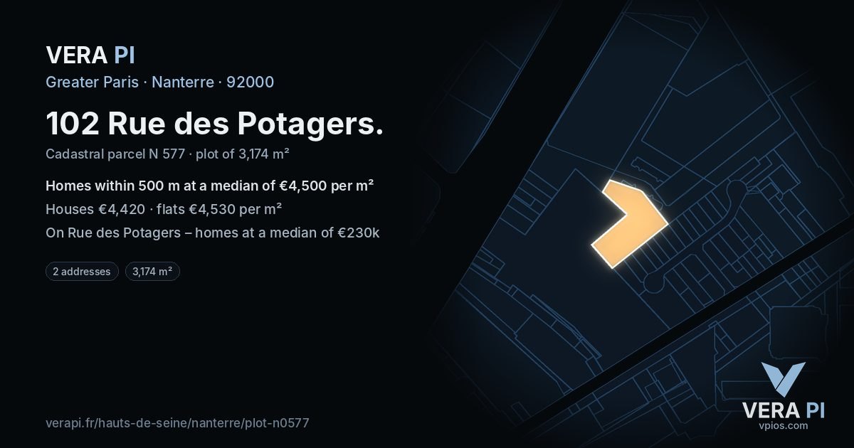 102 Rue des Potagers, Nanterre at night – the plot lit, the parcels around coloured by the prices near them