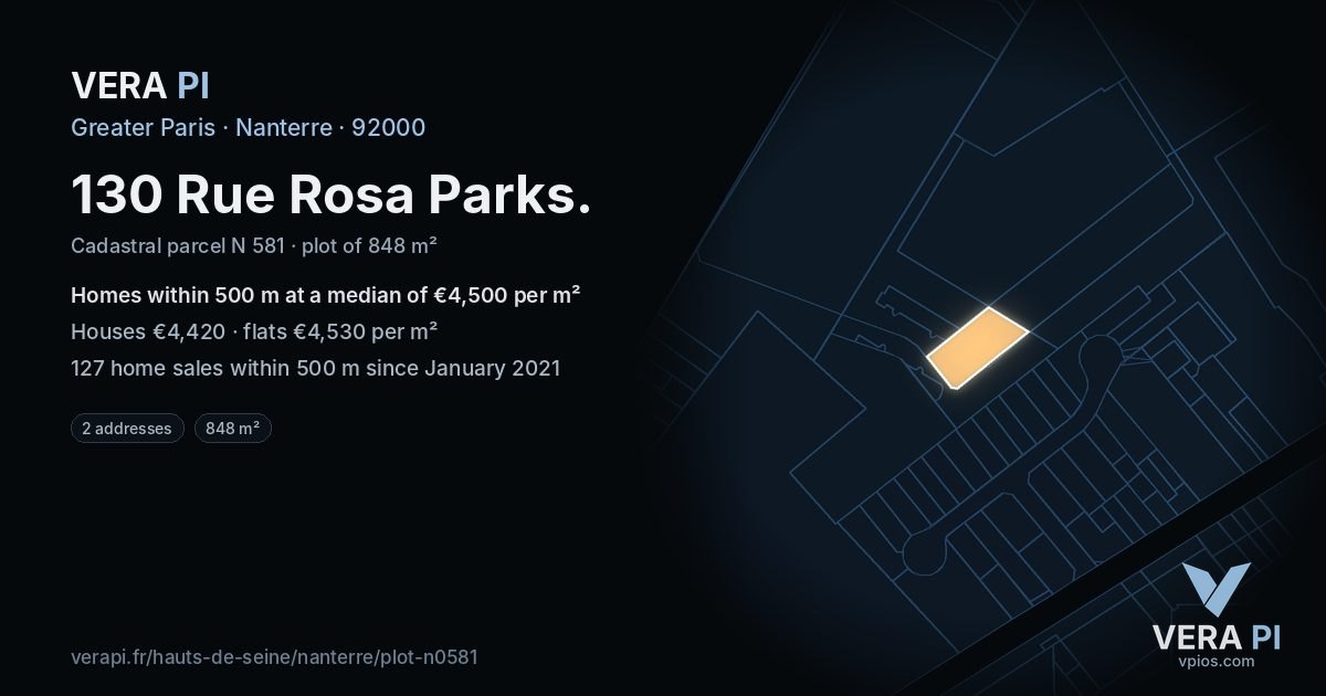 130 Rue Rosa Parks, Nanterre at night – the plot lit, the parcels around coloured by the prices near them