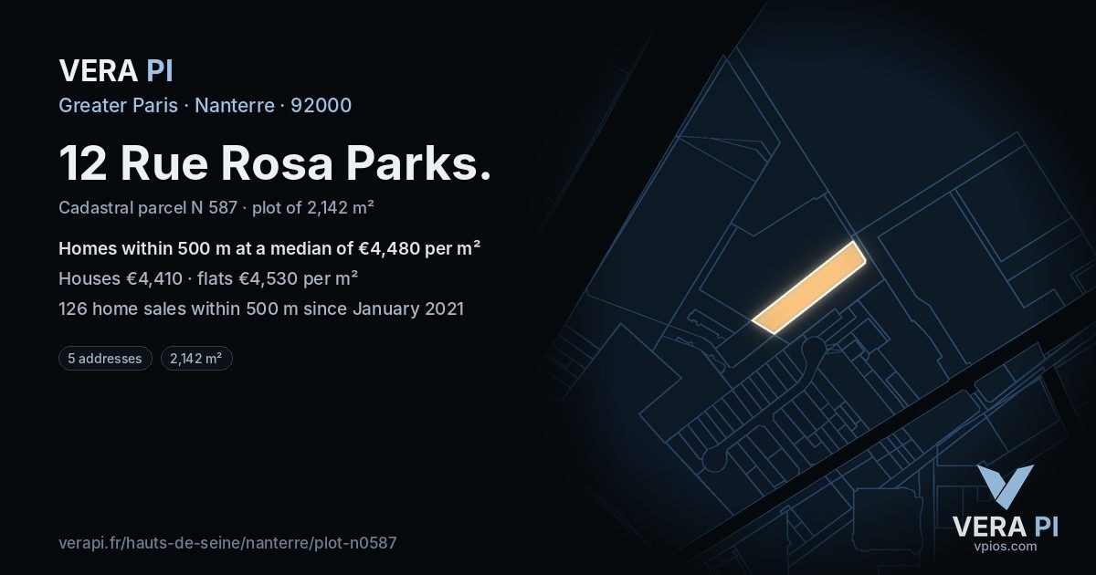12 Rue Rosa Parks, Nanterre at night – the plot lit, the parcels around coloured by the prices near them