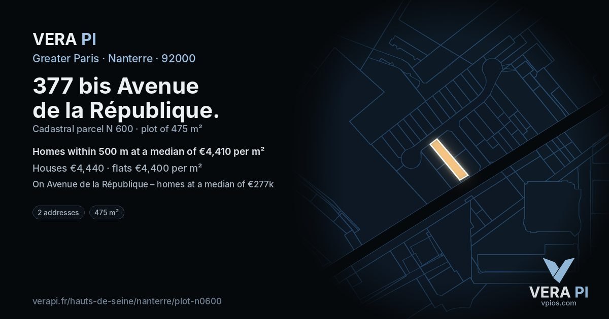 377 bis Avenue de la République, Nanterre at night – the plot lit, the parcels around coloured by the prices near them