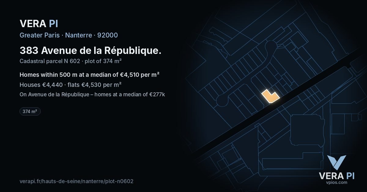 383 Avenue de la République, Nanterre at night – the plot lit, the parcels around coloured by the prices near them