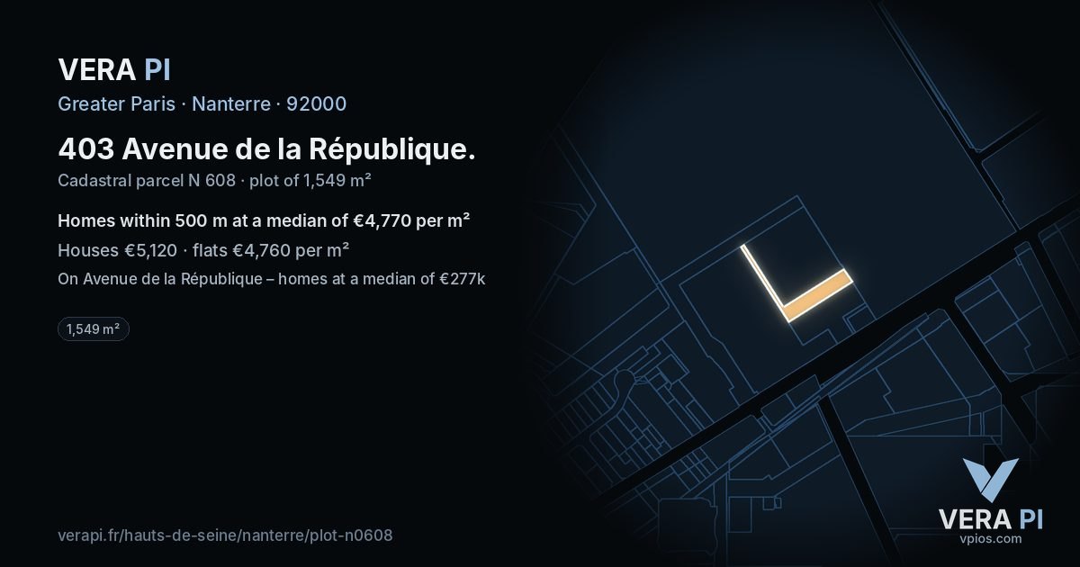 403 Avenue de la République, Nanterre at night – the plot lit, the parcels around coloured by the prices near them
