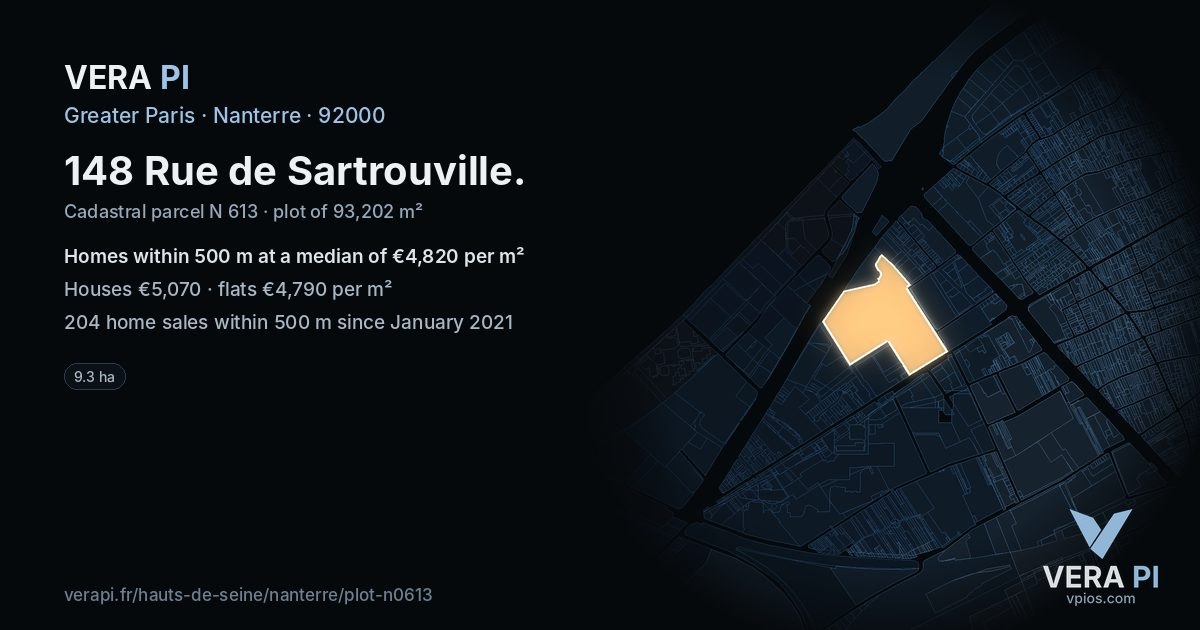 148 Rue de Sartrouville, Nanterre at night – the plot lit, the parcels around coloured by the prices near them