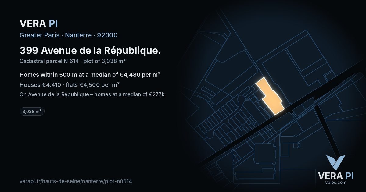 399 Avenue de la République, Nanterre at night – the plot lit, the parcels around coloured by the prices near them