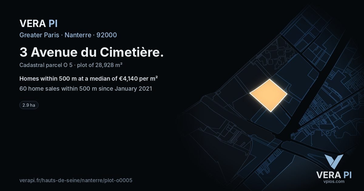 3 Avenue du Cimetière, Nanterre at night – the plot lit, the parcels around coloured by the prices near them