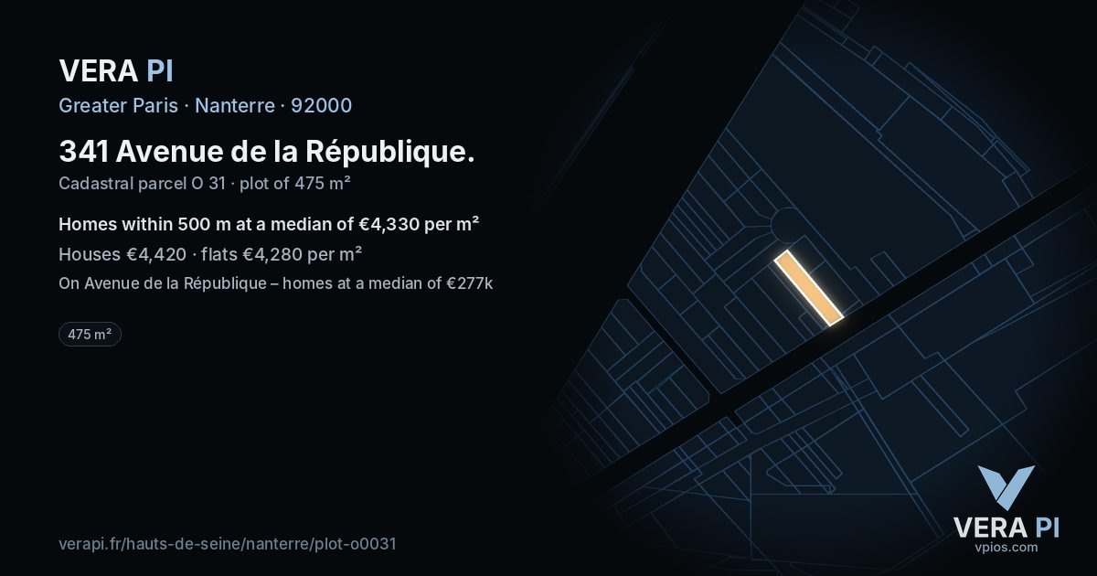 341 Avenue de la République, Nanterre at night – the plot lit, the parcels around coloured by the prices near them